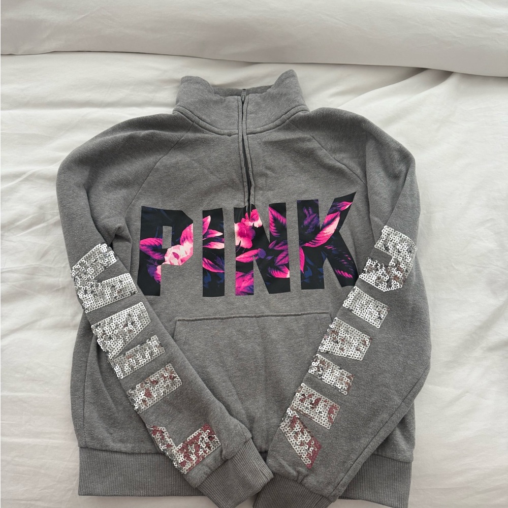 PINK Victoria Secret Gray Quarter-Zip Sweatshirt with Sequin Sleeves